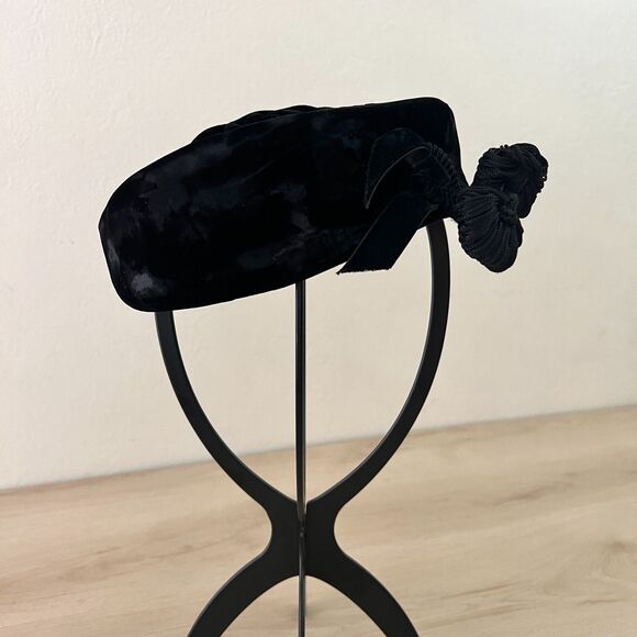 Vintage 50s Black Velvet Open-lattice Pom Pom Pillbox Hat, Vivian San Francisco main image 6